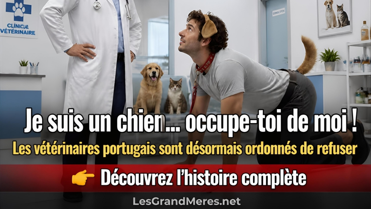 Un vétérinaire portugais en blouse blanche regarde avec perplexité un humain à quatre pattes portant un collier rouge et une queue artificielle, illustration de la directive de l'Ordre des vétérinaires du Portugal.