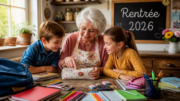 Grand-mère et ses petits-enfants préparant la rentrée scolaire 2026 avec des fournitures économiques et des astuces de grand-mère pour faire des économies
