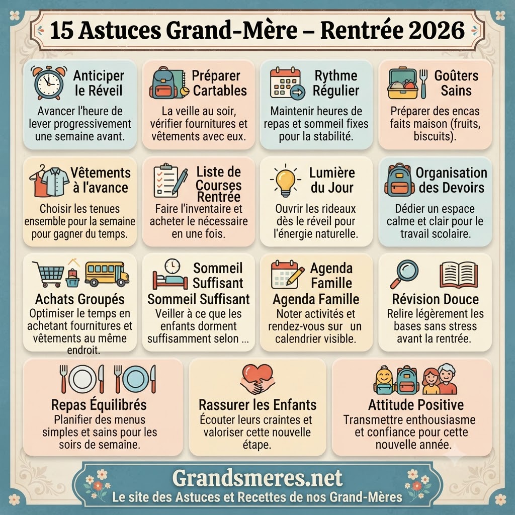 Grand-mère et ses petits-enfants préparant la rentrée scolaire 2026 avec des fournitures économiques et des astuces de grand-mère pour faire des économies