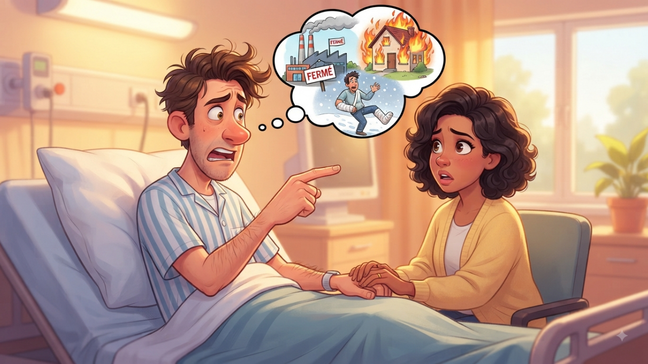 Illustration humoristique en 3D de style Pixar montrant un homme paniqué dans son lit d'hôpital pointant un doigt accusateur vers sa femme, avec une bulle de pensée au-dessus de sa tête listant ses malheurs : perte d'emploi, maison en feu, bras cassé.