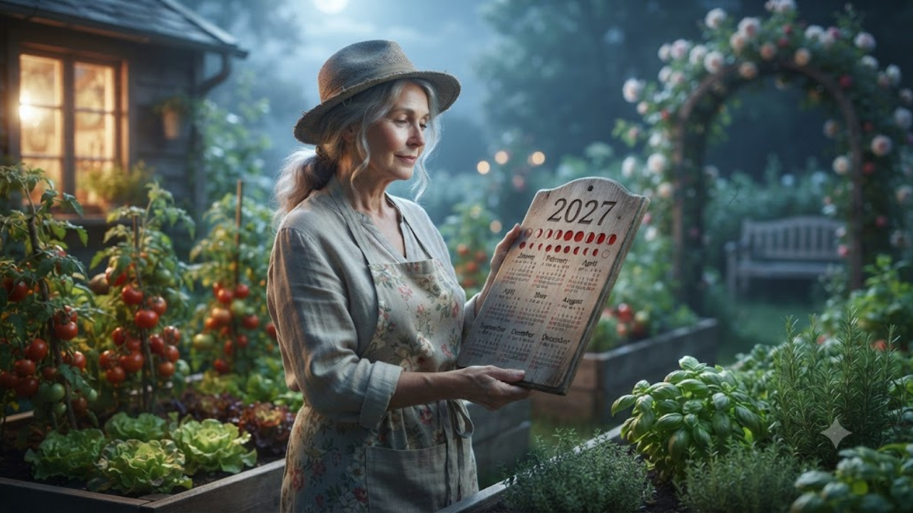 Grand-mère jardinant avec un calendrier lunaire 2027 – guide complet pour semer, planter et tailler selon les phases de la lune