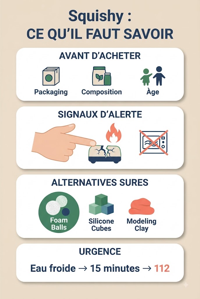 Découvrez notre infographie complète sur les jouets squishy : conseils avant l'achat, signaux d'alerte, alternatives sécuritaires pour les enfants et gestes d'urgence.