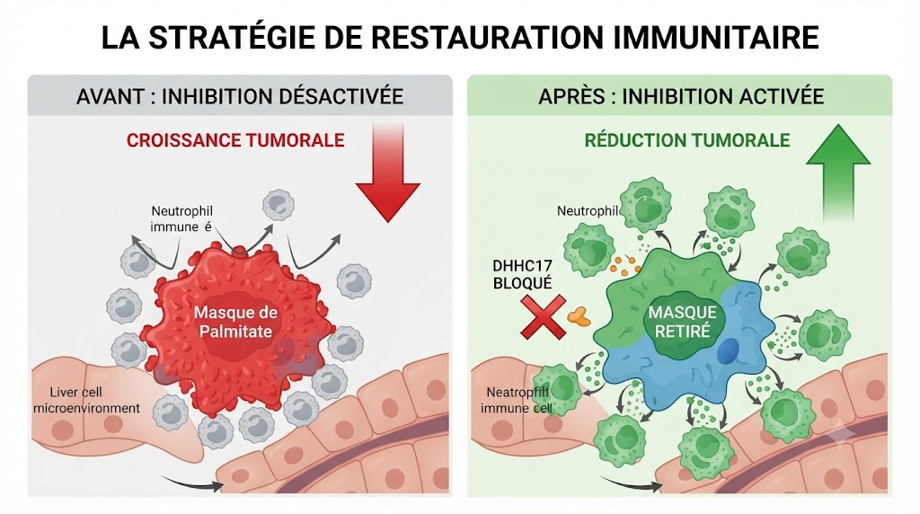 Comparaison avant et après inhibition de DHHC17 : cellule cancéreuse avec neutrophiles inactifs versus cellule cancéreuse attaquée par neutrophiles réactivés