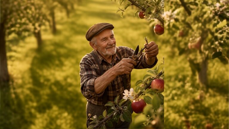 Grand-père taillant un pommier avec un sécateur dans un verger ensoleillé – guide complet de la taille des arbres fruitiers