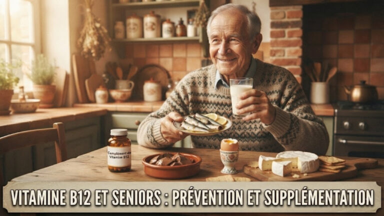 Senior souriant avec des aliments riches en vitamine B12 et un complément - guide de la B12 chez les seniors