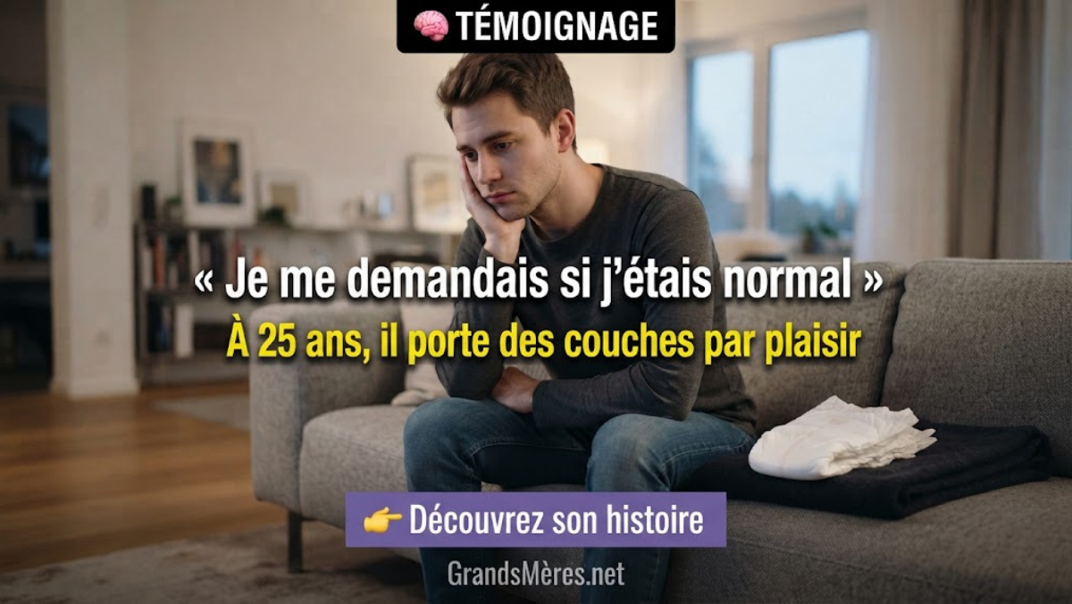 Jeune homme assis sur un canapé, expression réfléchie, couche posée à côté de lui, illustration du témoignage ABDL sur le port de couches par plaisir