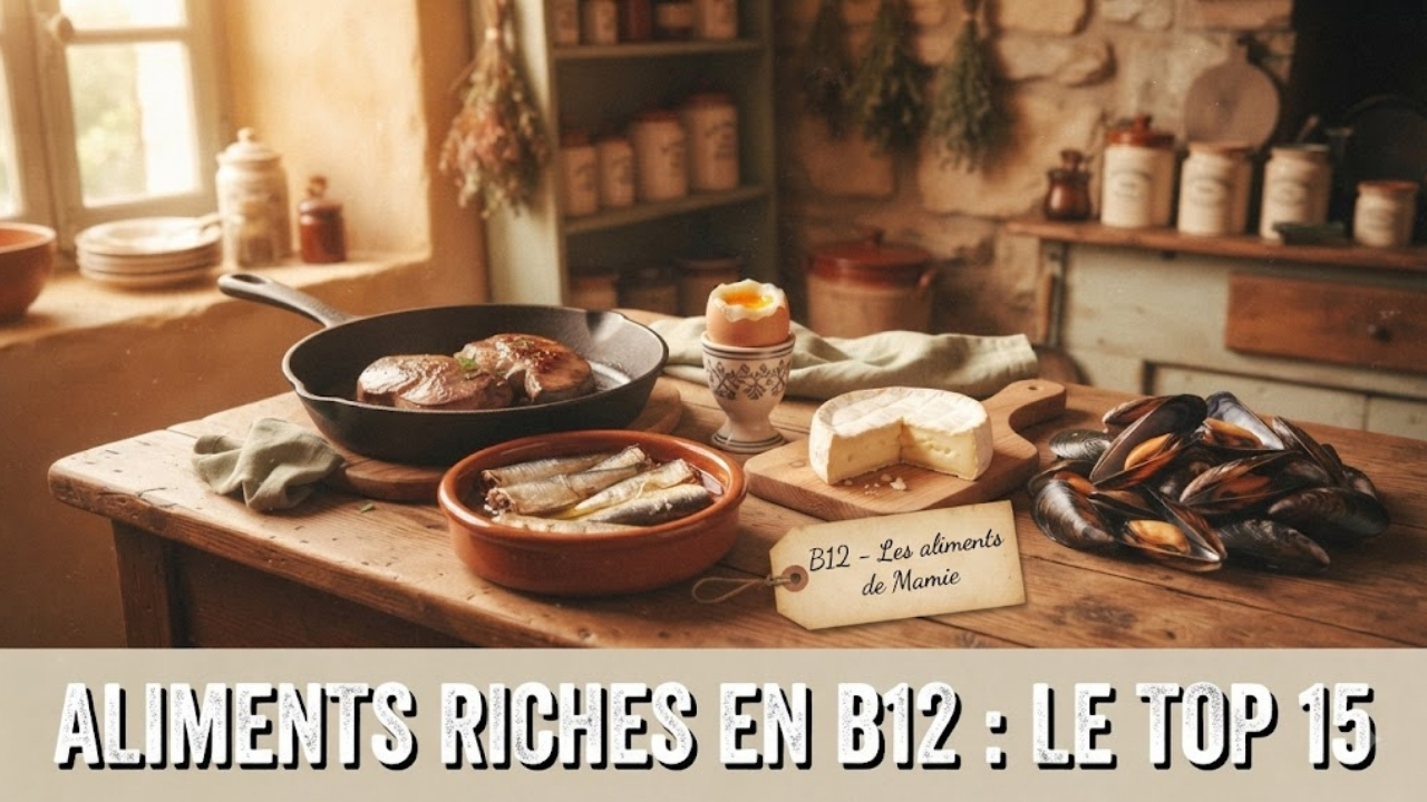 Composition d'aliments riches en vitamine B12 : foie, sardines, œuf, camembert, moules - top 15 des sources naturelles