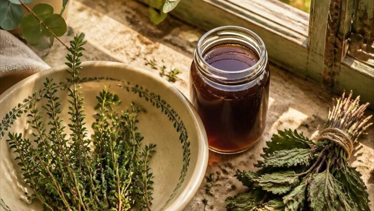 Remèdes naturels de grand-mère contre l'allergie à l'ambroisie : thym, cassis, eucalyptus, miel local, ortie