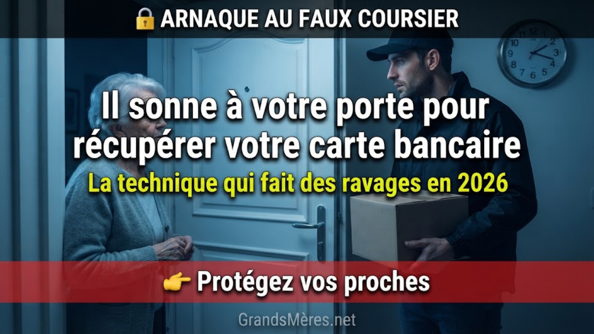 Personne âgée au téléphone, inquiète, remettant sa carte bancaire à un faux coursier à sa porte, illustration de l'arnaque au faux coursier bancaire