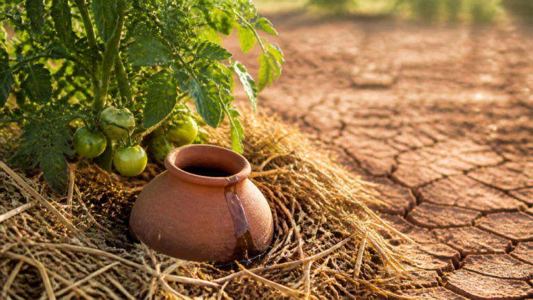 Olla en terre cuite enterrée et paillage de paille pour arroser un plant de tomate en période de sécheresse