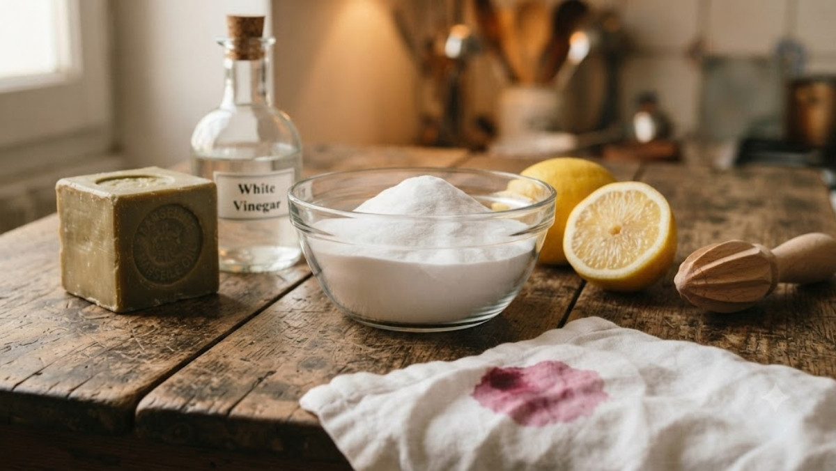 Bol de bicarbonate de soude blanc entouré d'ingrédients de grand-mère : savon de Marseille, vinaigre blanc, citron et tissu taché - le détachant miracle aux 1001 usages