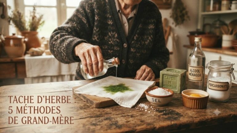 Main de grand-mère versant du vinaigre blanc sur une tache d'herbe - 5 méthodes de grand-mère