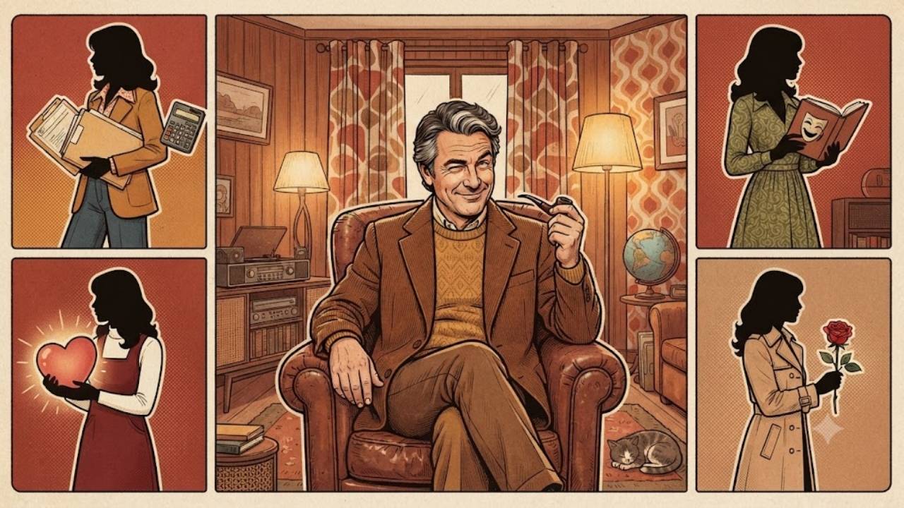 Blague des 5 préceptes : un homme souriant et malicieux entouré de quatre silhouettes féminines stylisées (gestionnaire, amuseuse, fidèle, amante) dans un salon chaleureux - la chute « qu'elles ne se connaissent pas »