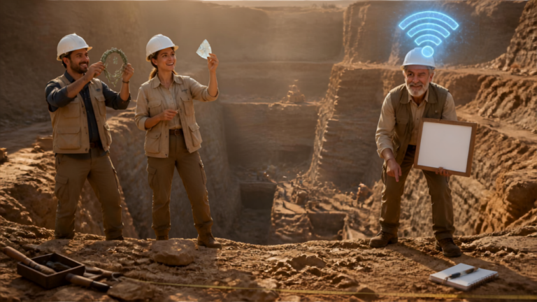 Trois archéologues devant une tranchée : deux montrent des découvertes, le troisième sourit avec un symbole WiFi au-dessus de lui