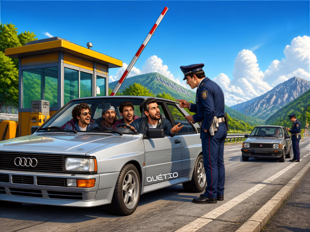 Audi Quattro argentĂ©e arrĂȘtĂ©e Ă un pĂ©age, gendarme en uniforme pointant le vĂ©hicule, 5 copains Ă l'intĂ©rieur, illustration humoristique de la blague de gendarme