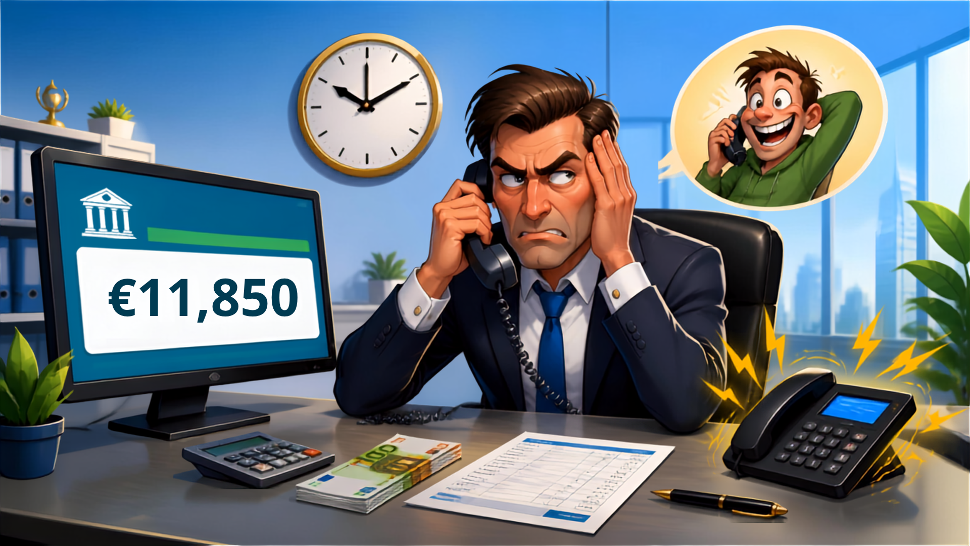 Banquier en costume au téléphone, expression agacée, écran affichant un solde de 11 850 €, illustration humoristique de la blague bancaire