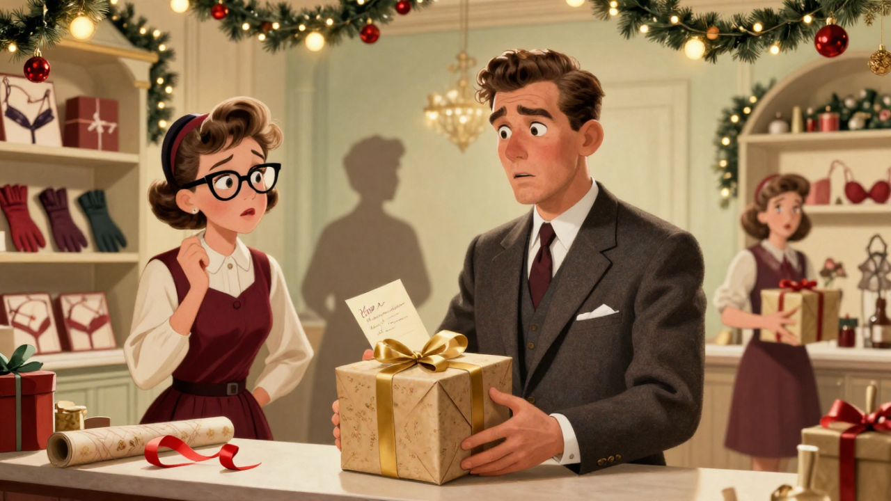 Blague de Noël : jeune homme tenant un paquet cadeau et une lettre d'amour dans une boutique des années 1960