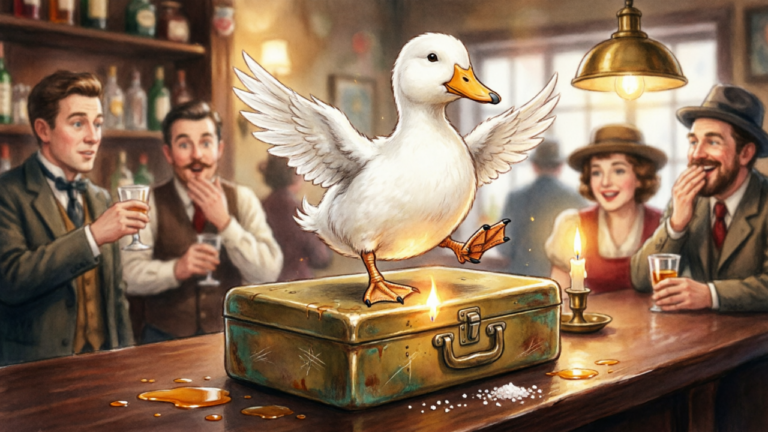 Un canard blanc fait des claquettes sur une boîte métallique dans un bar, illustration de la blague du canard danseur et de l'humour absurde.