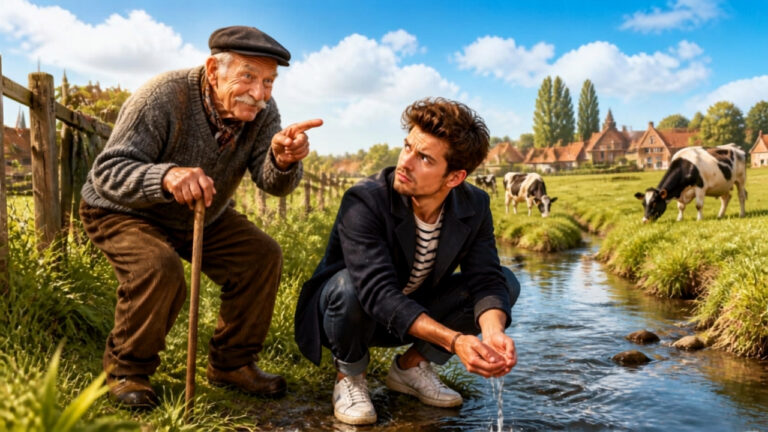 Un jeune touriste parisien s'apprête à boire l'eau d'un ruisseau dans le Nord de la France, tandis qu'un vieux local en casquette l'observe avec un sourire malicieux, des vaches paissant en arrière-plan