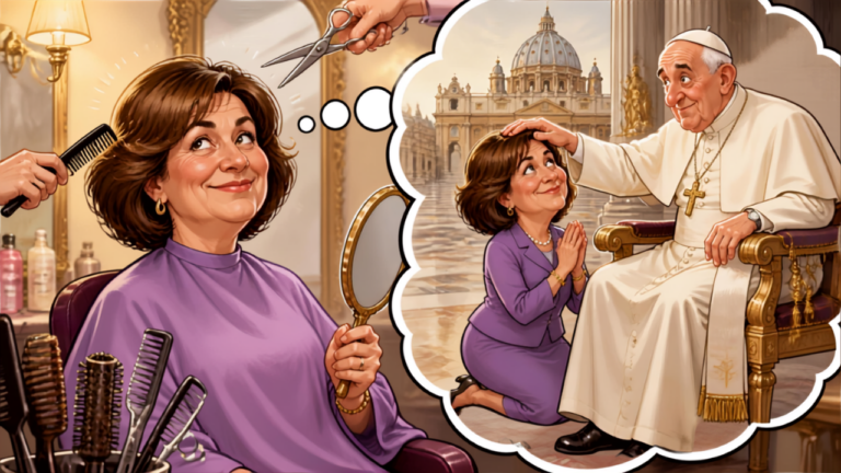 Blague coiffeuse : femme au salon de coiffure, avec scène au Vatican en arrière-plan