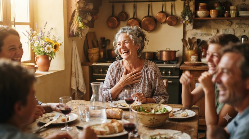Grand-mère française riant en racontant une blague sur le corps humain lors d'un repas de famille en cuisine