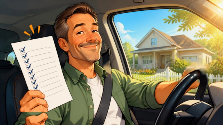 Homme fier dans sa voiture tenant une liste à cocher, blague humour couple oubli dimanche