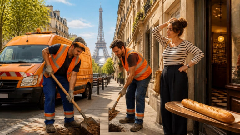 Deux agents des travaux publics creusent et rebouchent un trou sur un trottoir parisien sous le regard perplexe d'une riveraine, avec la Tour Eiffel en arrière-plan