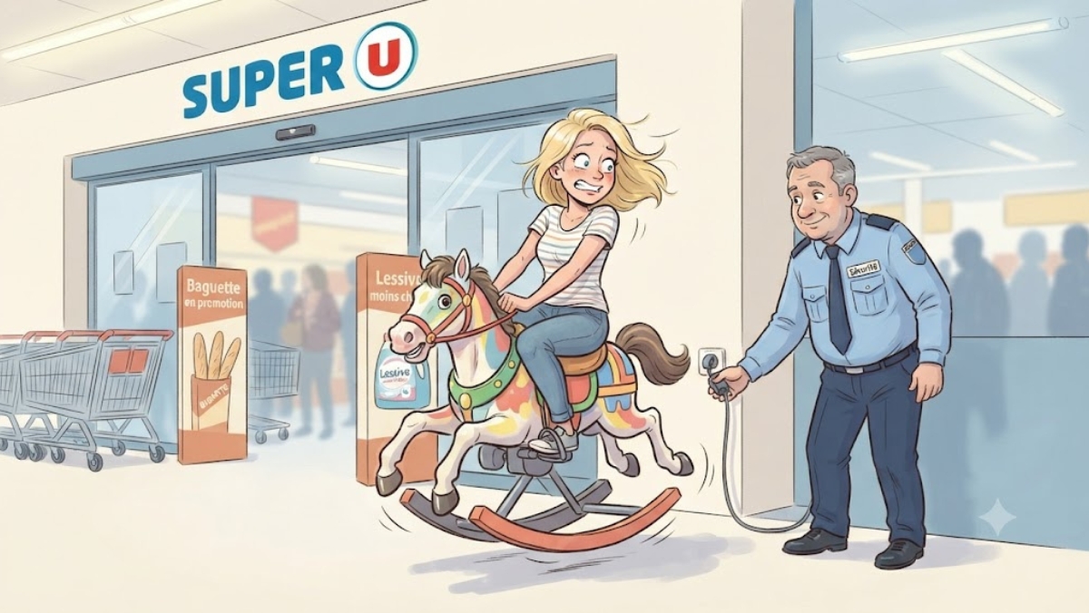 Blague équitation : blonde sur un cheval mécanique de supermarché, vigile s'apprêtant à débrancher l'appareil