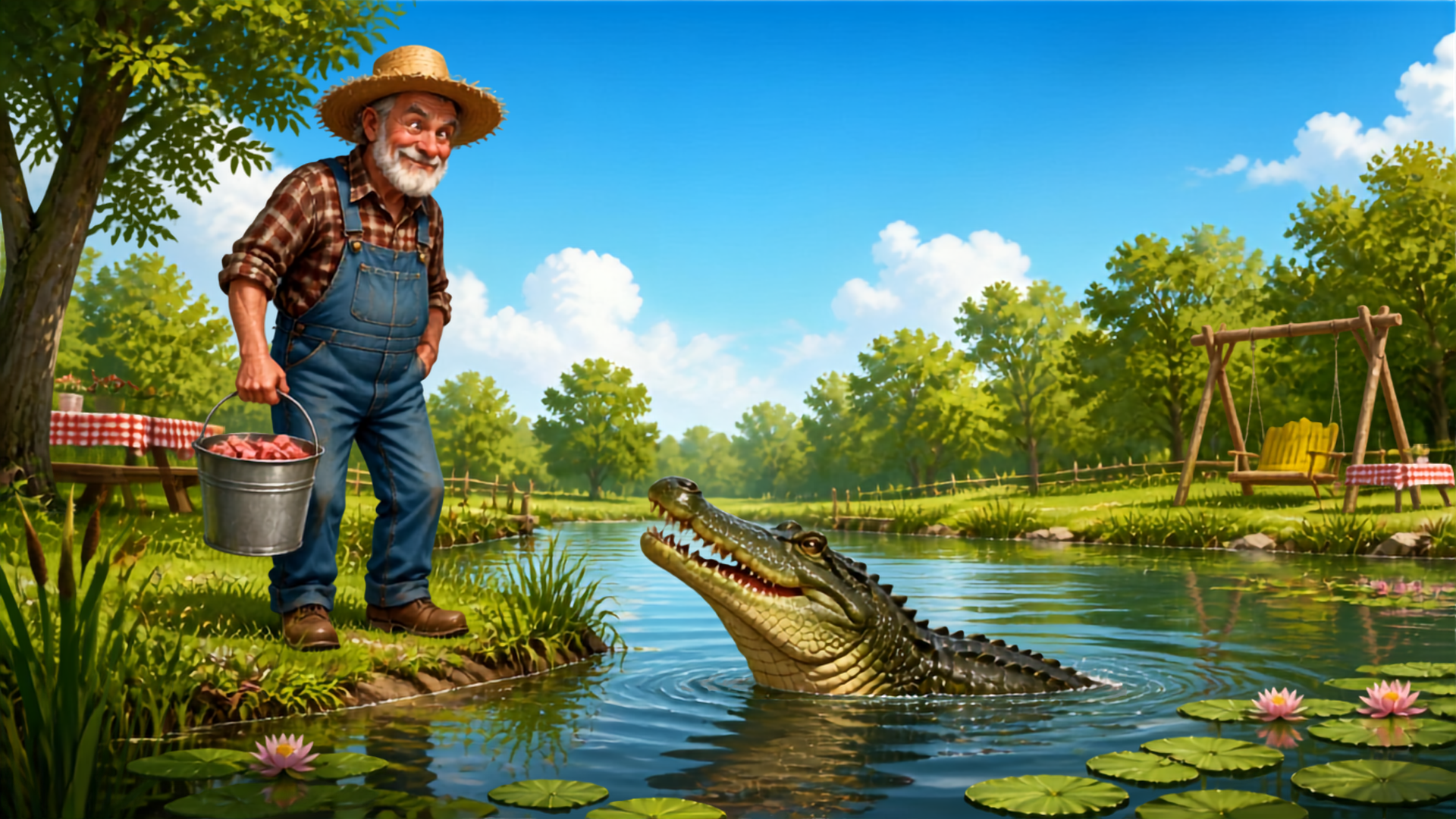 Vieux fermier en salopette tenant un seau au bord d'un étang, un crocodile sort de l'eau, illustration humoristique de la blague de campagne