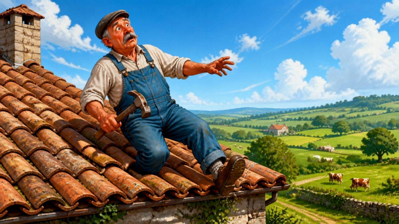 Un vieux fermier français sur le toit de sa maison, ayant une révélation soudaine avec un air choqué, sur le point de perdre l'équilibre, avec des vaches en arrière-plan