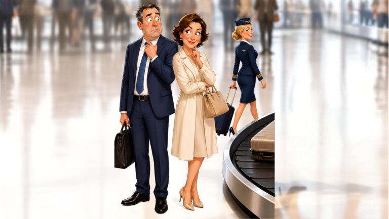 Blague hôtesse Pamela : couple à l'aéroport, l'épouse posant la question qui coince son mari