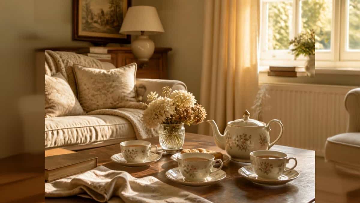 Salon cosy à l'heure du thé avec trois tasses en porcelaine et une théière, décor de la blague du fils et de ses trois prétendantes.