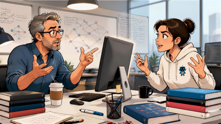 Blague informatique : informaticien et informaticienne débattant du genre de l'ordinateur devant un bureau