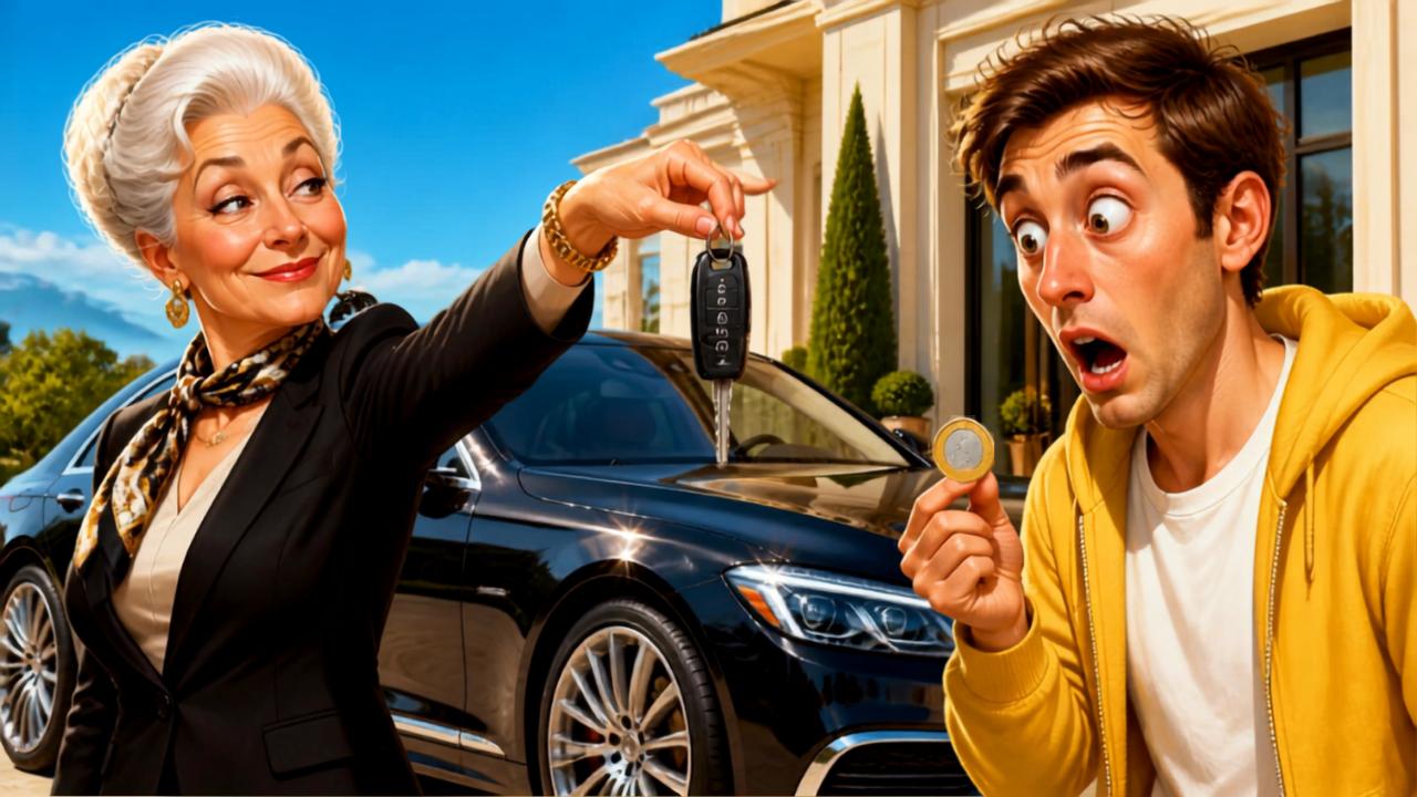 Dame âgée élégante donnant les clés d'une Mercedes à un homme surpris tenant une pièce de 1 euro - Blague humour testament