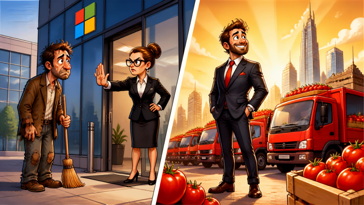 Blague entrepreneur : homme rejeté chez Microsoft puis devenu millionnaire avec une flotte de camions de tomates