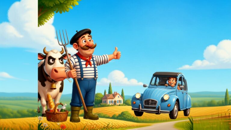 Paysan avec sa vache faisant du stop au bord d'une nationale - Blague humoristique familiale