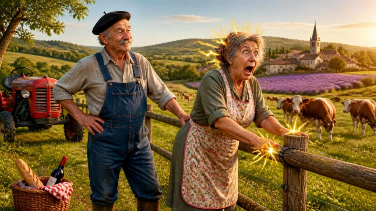 Un couple de paysans français devant une barrière électrifiée dans un champ, la femme a une expression choquée avec des étincelles, le mari sourit fièrement, décor de campagne française avec tracteur rouge
