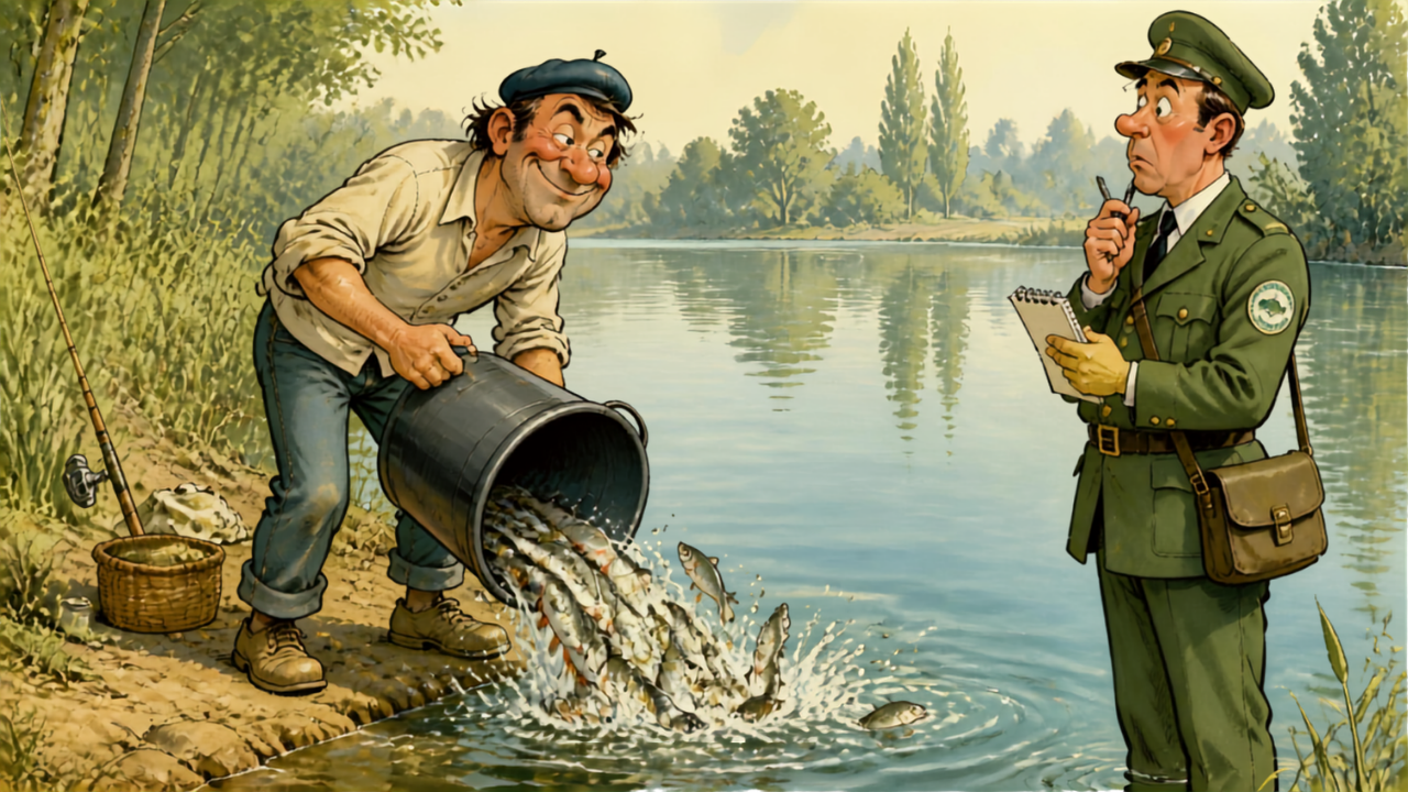 Blague pêcheur : homme vidant un bac de poissons dans un lac devant un garde-pêche perplexe