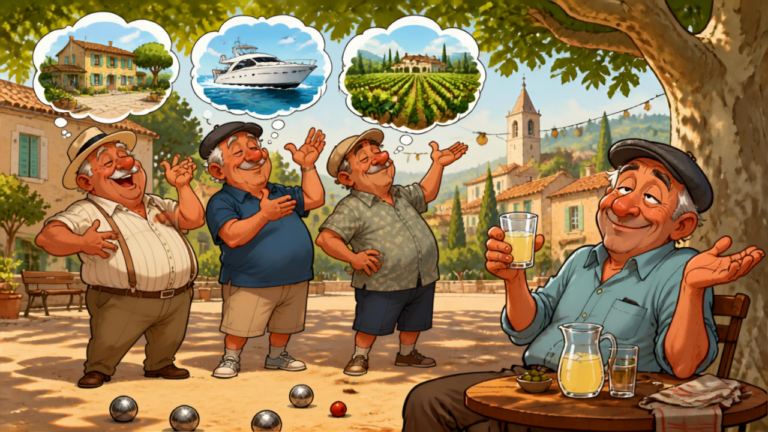 Blague pétanque : quatre retraités au boulodrome, trois fiers papas qui se vantent et Marcel qui sourit, un pastis à la main