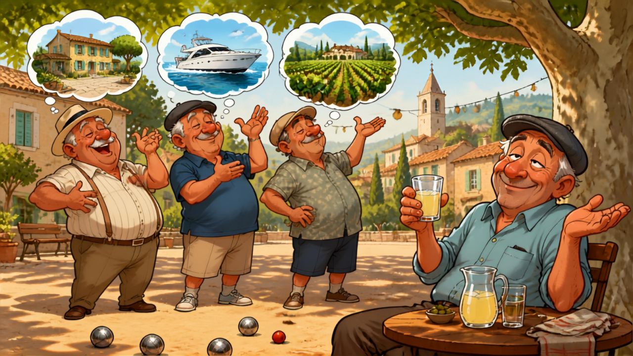 Blague pétanque : quatre retraités au boulodrome, trois fiers papas qui se vantent et Marcel qui sourit, un pastis à la main