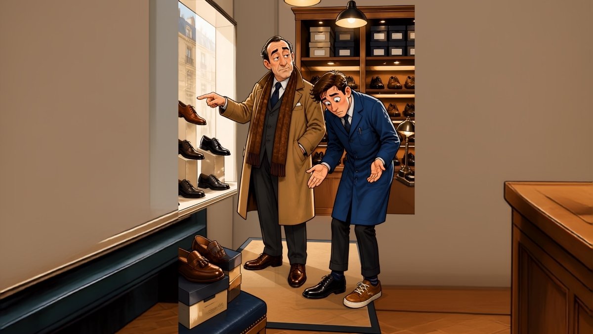 Blague pointure 40 : client impassible face à un vendeur perplexe dans un magasin de chaussures