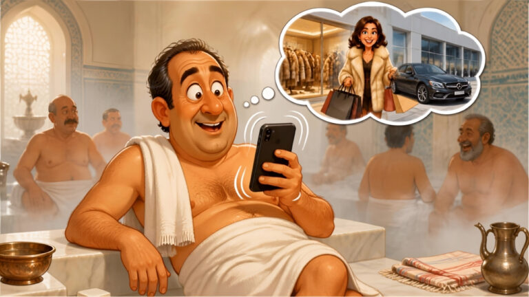 Blague portable hammam : Bernard au hammam avec un téléphone, pendant que sa supposée femme dépense des millions