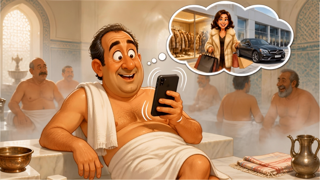 Blague portable hammam : Bernard au hammam avec un téléphone, pendant que sa supposée femme dépense des millions