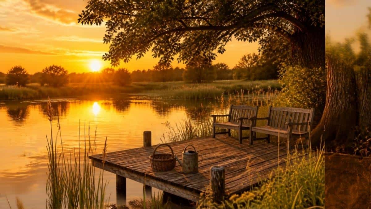Étang paisible au coucher du soleil avec ponton en bois et petit seau posé dessus, décor campagnard de la blague du retraité et du crocodile.