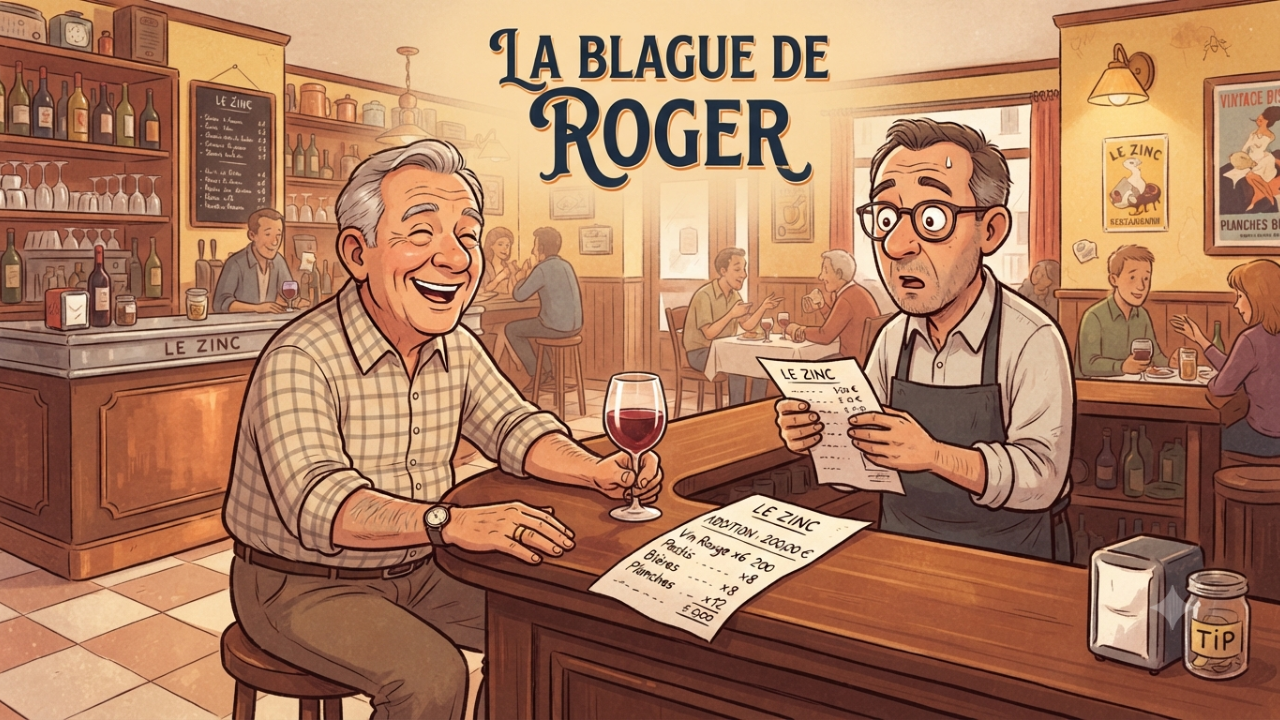 Blague de Roger au café : un homme souriant au bar avec le barman et une addition de 200 € - l'histoire de l'avare généreux qui fait rire tout le monde