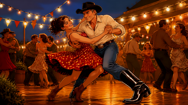 Blague santiags : cowboy dansant au bal de village avec ses bottes noires brillantes