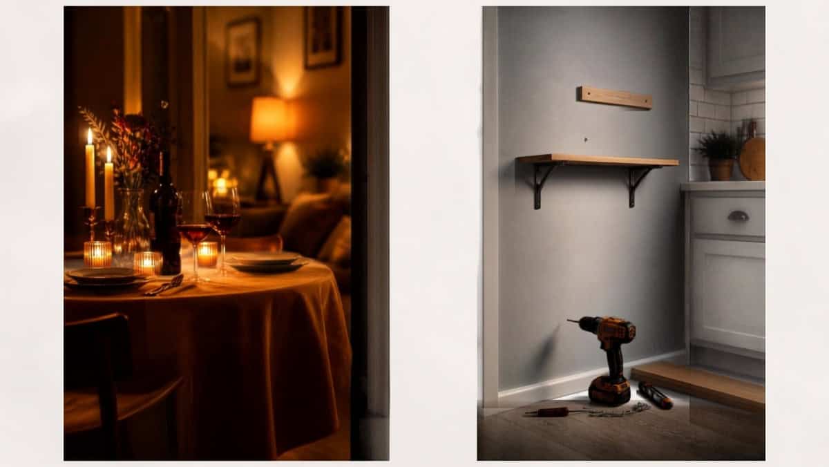 Scène scindée entre un dîner romantique aux chandelles et une cuisine sombre avec perceuse, décor de la blague de la soirée en deux versions.
