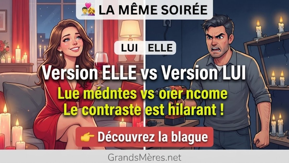 Composition split-screen : femme souriante dans un salon romantique avec chandelles, homme en colère avec perceuse et panne de courant, illustration de la blague de couple