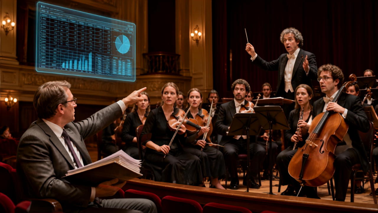 Manager en costume analysant un orchestre avec un tableau Excel, musiciens perplexes