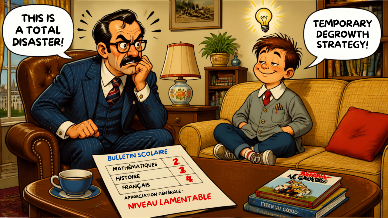 Illustration humoristique de Toto avec son père dans un salon bourgeois, le bulletin scolaire catastrophique sur la table avec les notes 2/20, 3/20, 4/20, et des bulles de dialogue "Stratégie de décroissance temporaire" et "C'est un désastre total !" – article sur la blague de Toto du bulletin scolaire